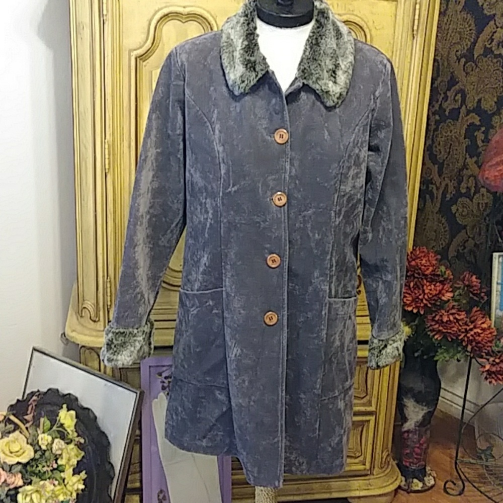 Vintage Womens Gray long Coat faux fur Collar Sz Med/LG NEW STAR Fabulous